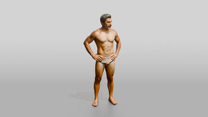 Mestizo Man Standing in Bold Patterned Swim Brief - 3D character model, view 1