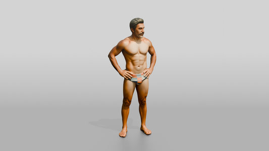 Mestizo Man Standing in Bold Patterned Swim Brief - 3D character model, view 1