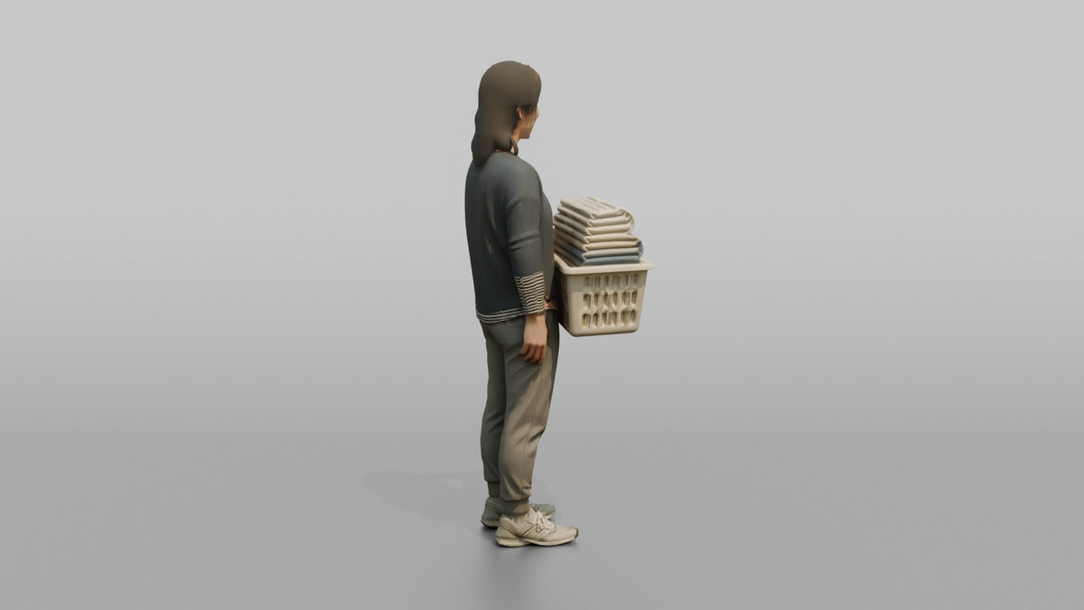 Mother Holding A Laundry Basket Full Of Folded Towels - 3D character model, view 3