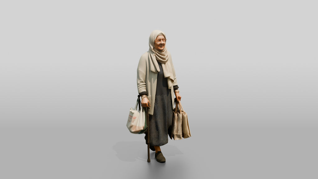 Elderly Slender Syrian Woman in Hijab Carrying Shopping Bags