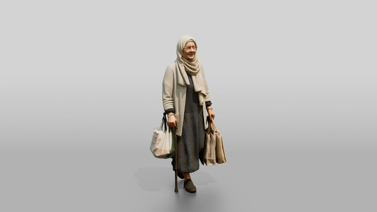 Elderly Slender Syrian Woman in Hijab Carrying Shopping Bags - 3D character model, view 1