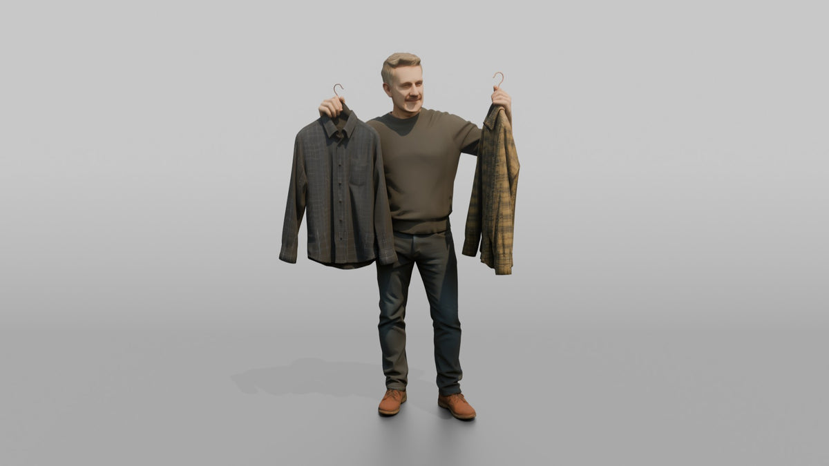 Man Customer Holding Two Shirts Up For Comparison - 3D character model, view 5
