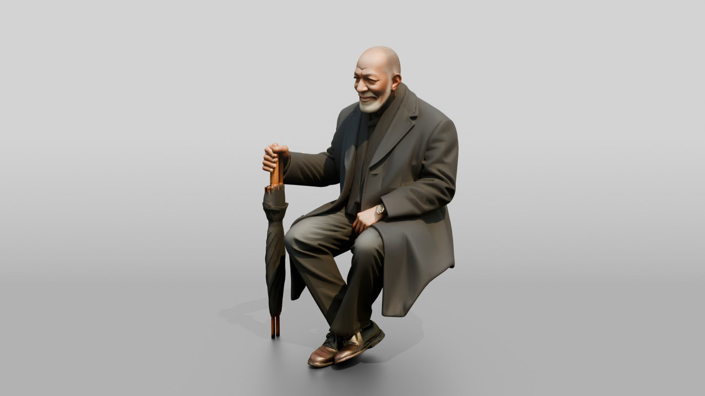 Elderly Black Man Sitting on Bench with Umbrella