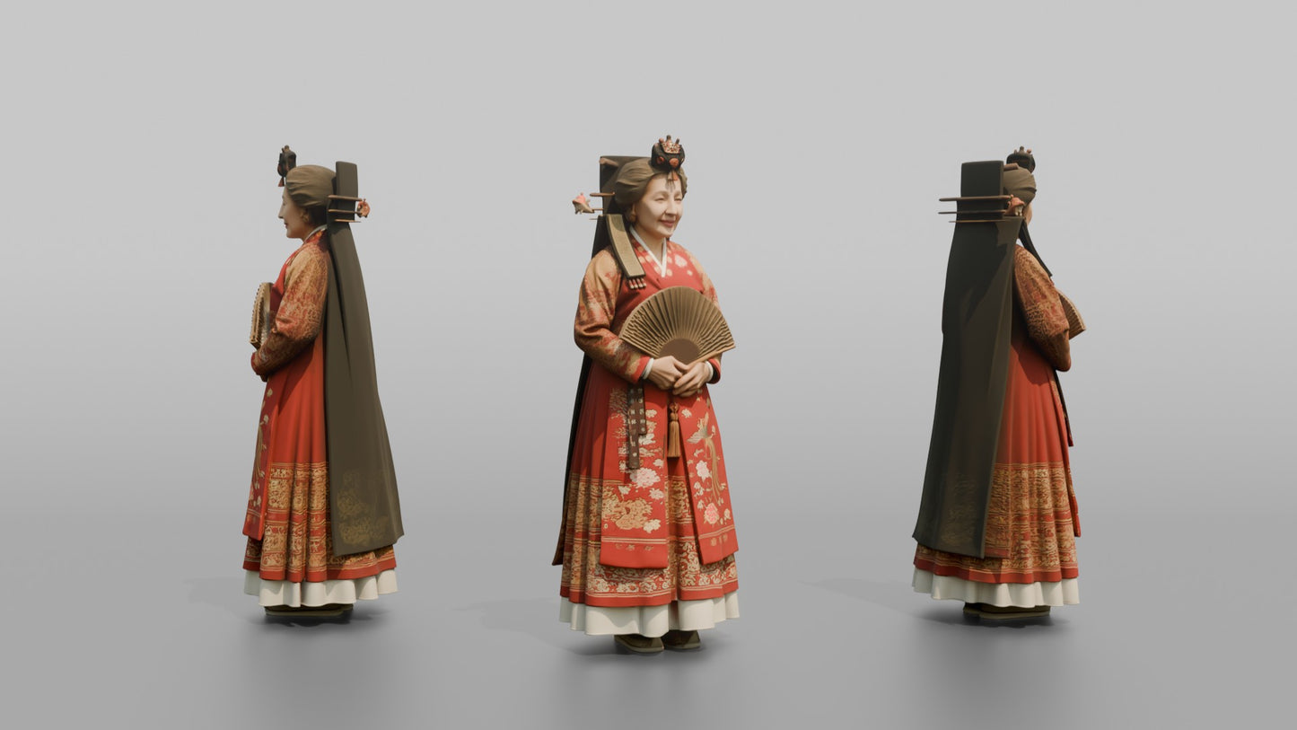 East Asian Bride in a Traditional Red Hanbok