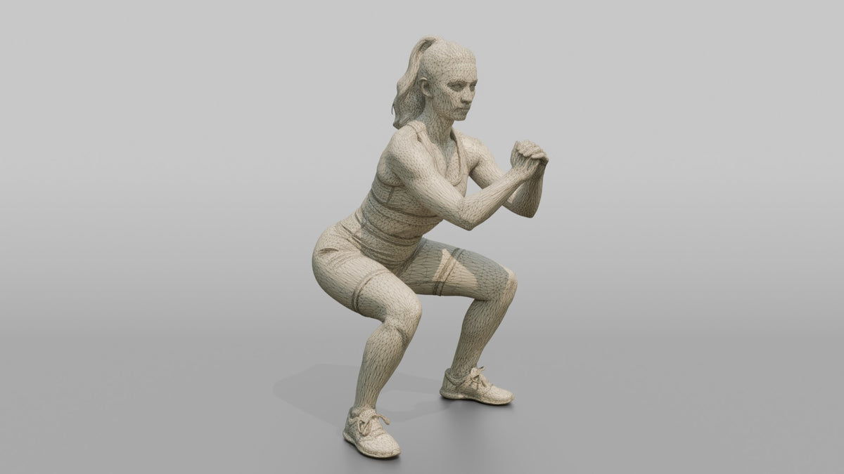 Fitness Influencer Woman Holding A Deep Squat Position - wireframe topology preview