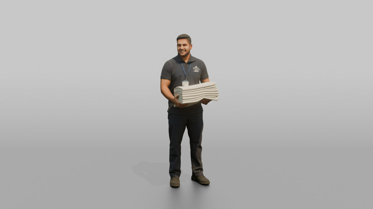 Housekeeping Staff Man Carrying A Stack Of Clean Bedsheets - 3D character model, view 5
