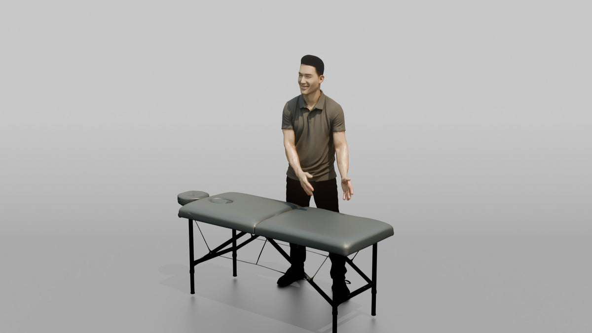 Massage Therapist Man Gesturing With Both Hands Over A Massage Table - 3D character model, view 4