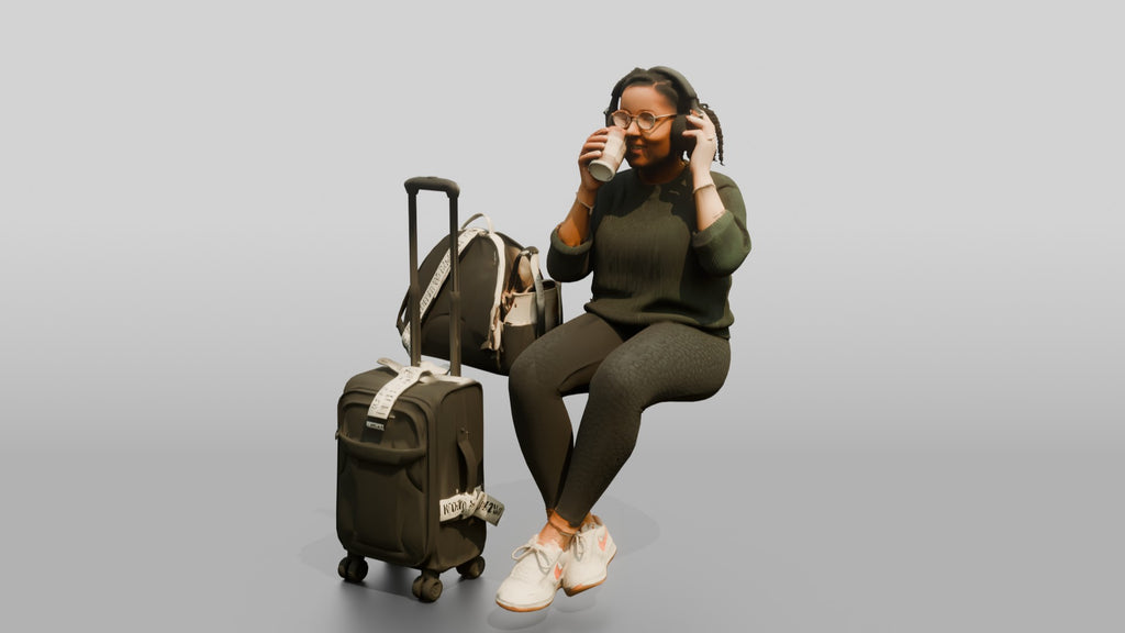 Plus-Size Black Woman Seated with Headphones Drinking Coffee