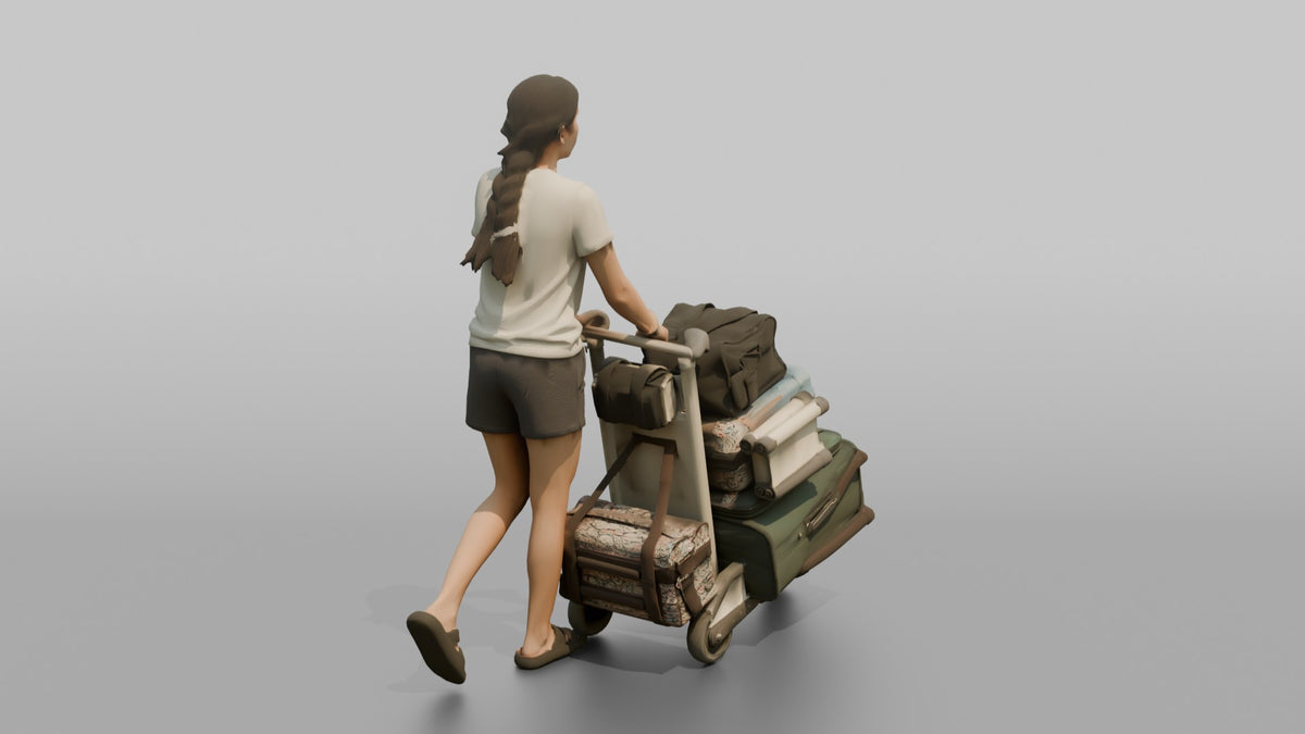 Traveler Pushing A Luggage Cart - 3D character model, view 3