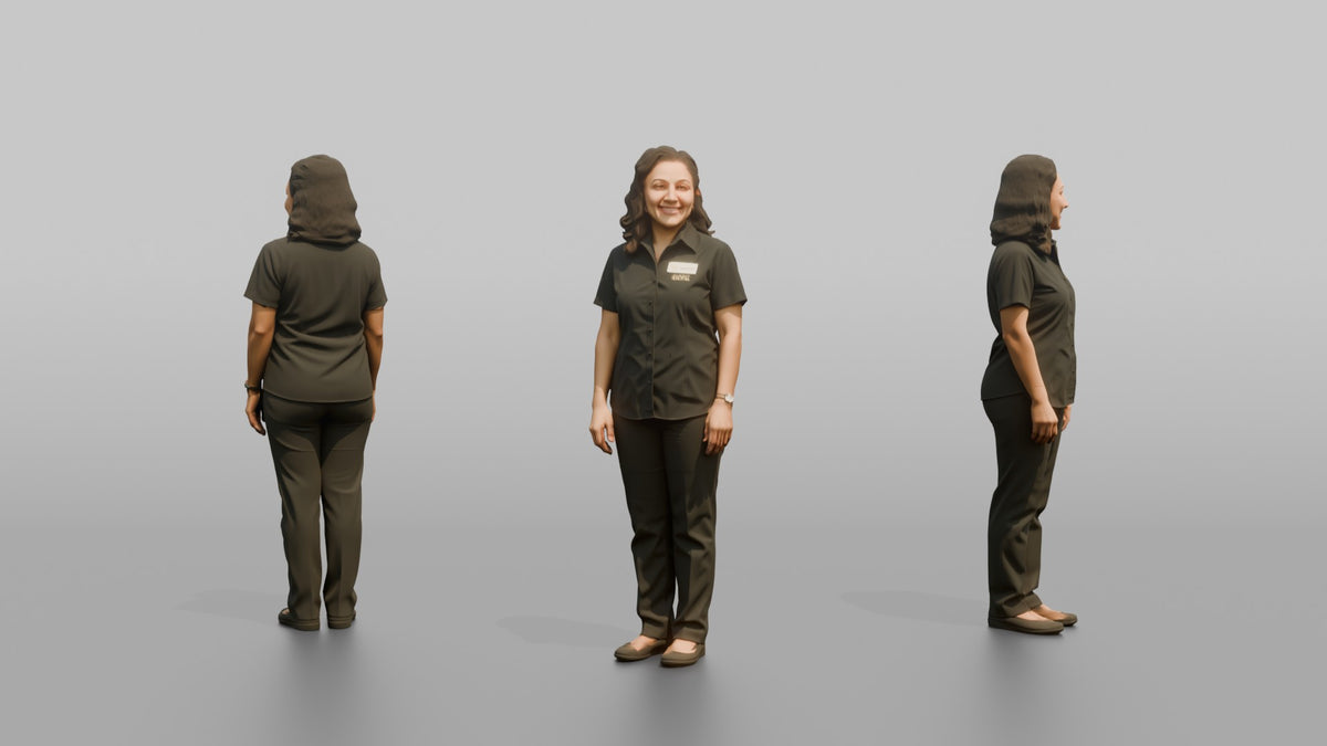 Host Woman Standing With A Warm Welcoming Smile, Arms At Sides - 3D character model, view 1