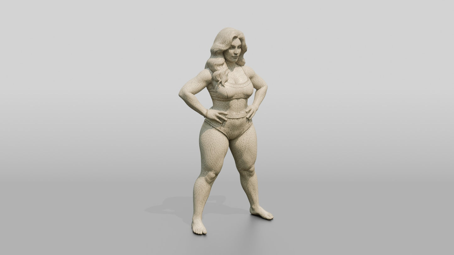 Curvy Woman in Taupe Two-Piece Swimsuit Wide Stance