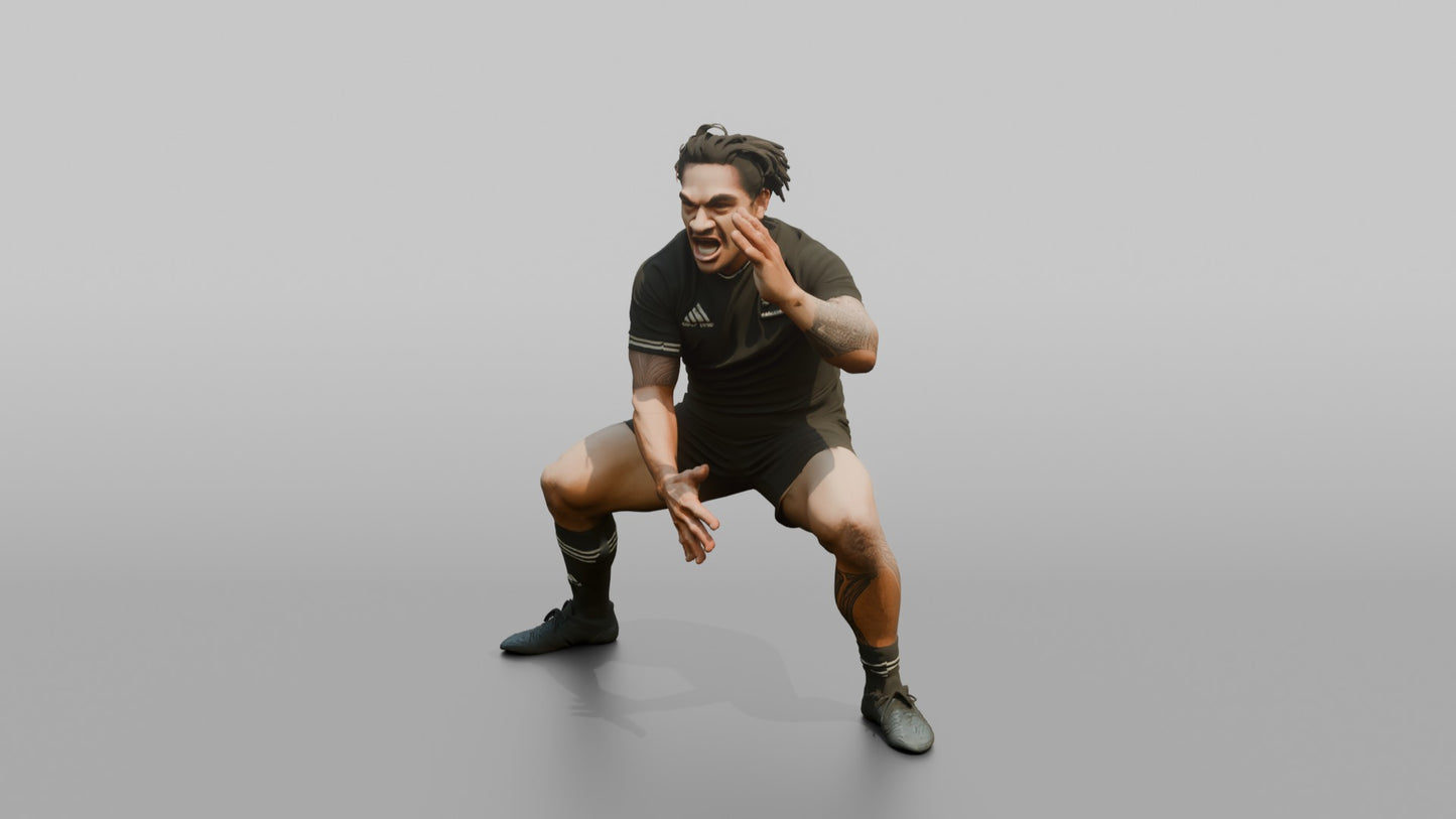 Polynesian Player in a Low Crouch Haka Movement