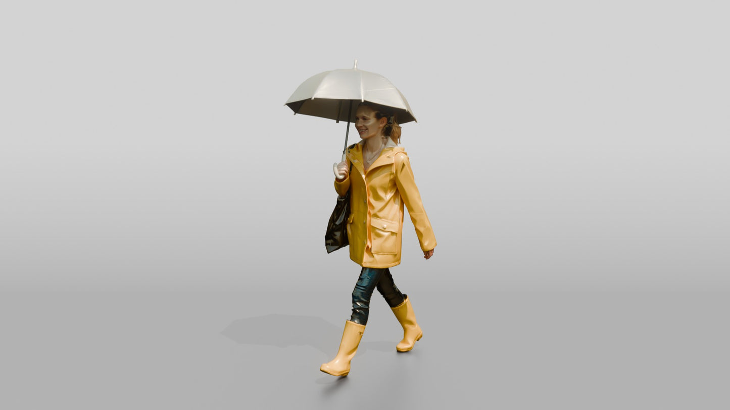 White Woman in Yellow Raincoat with Umbrella