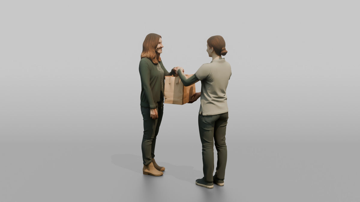 Woman Cashier Handing A Paper Shopping Bag To A Customer - 3D character model, view 3