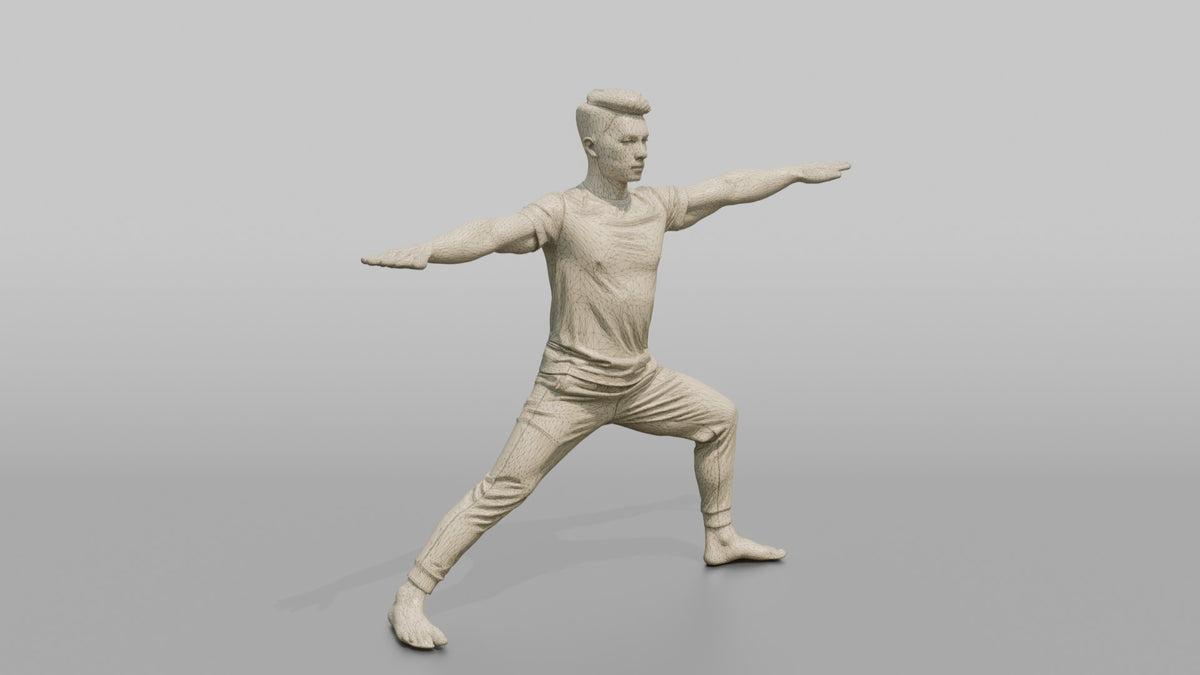 Fitness Influencer Man Holding A Warrior-pose Stretch - wireframe topology preview