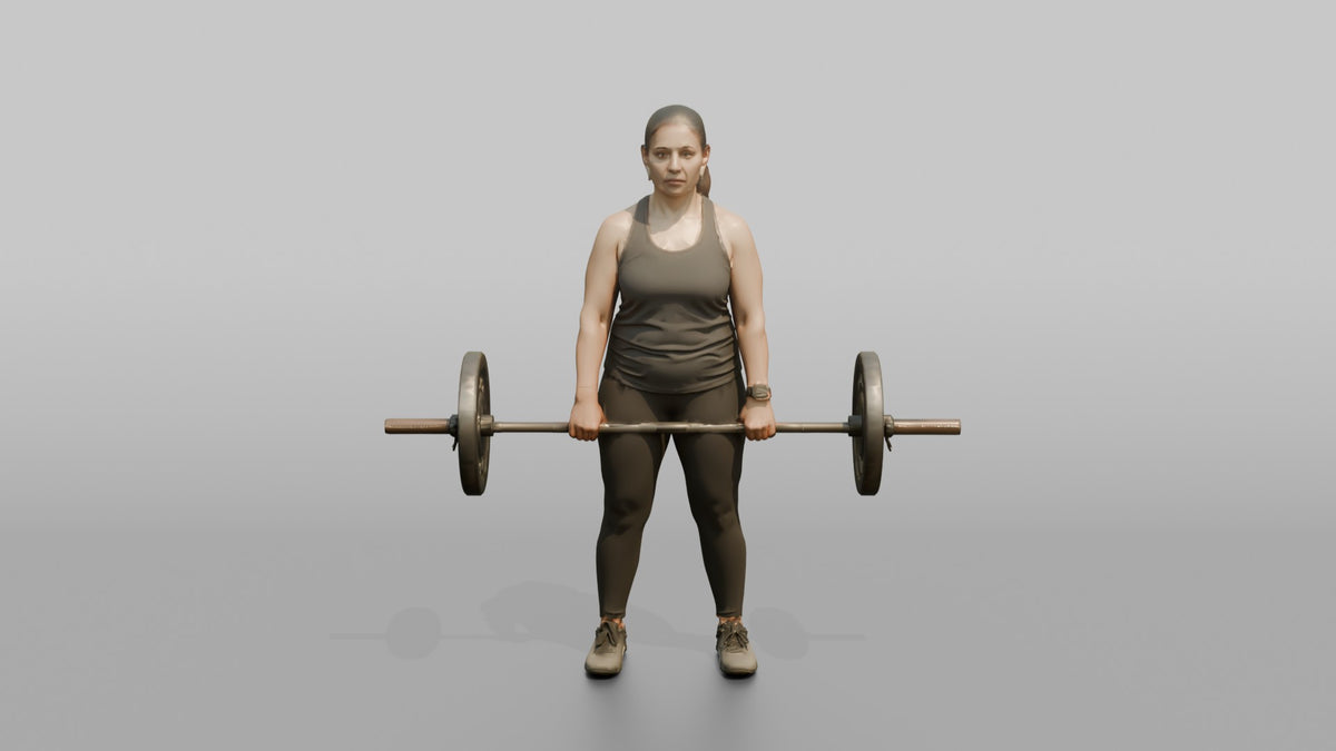 Weightlifter Woman Holding A Loaded Barbell At The Hips Ready To Lift - 3D character model, view 5