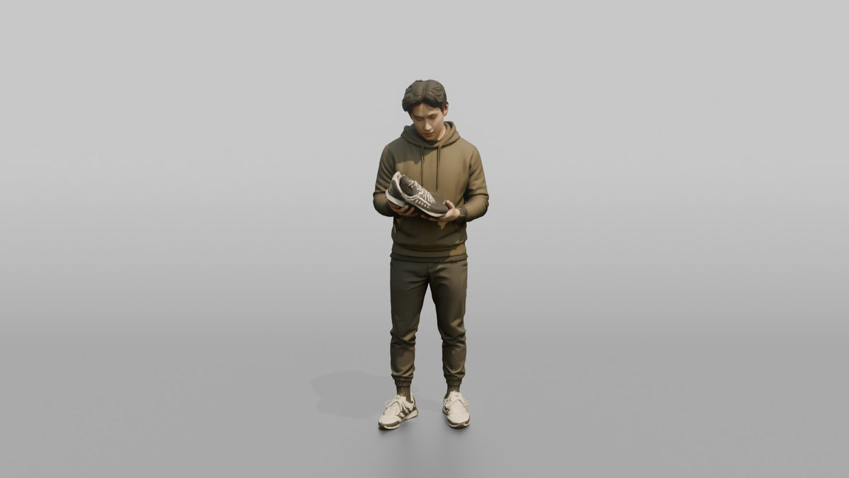 Man Customer Holding Up A Pair Of Sneakers To Inspect Them - 3D character model, view 5