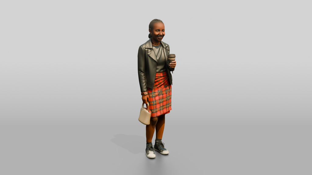 Young African Woman in Leather Jacket and Plaid Skirt