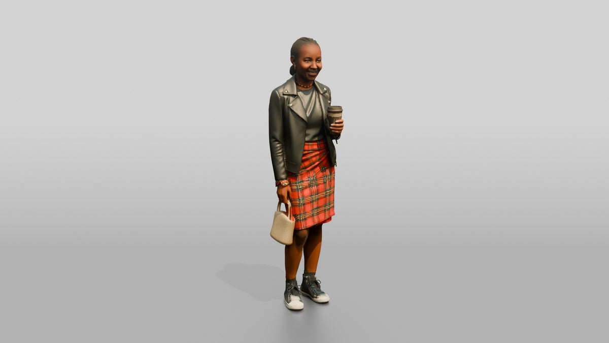 Young African Woman in Leather Jacket and Plaid Skirt - 3D character model, view 1