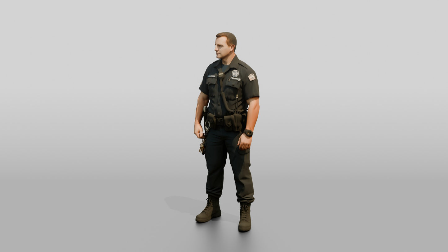 White Male Guard in a Navy Blue Tactical Guard Uniform