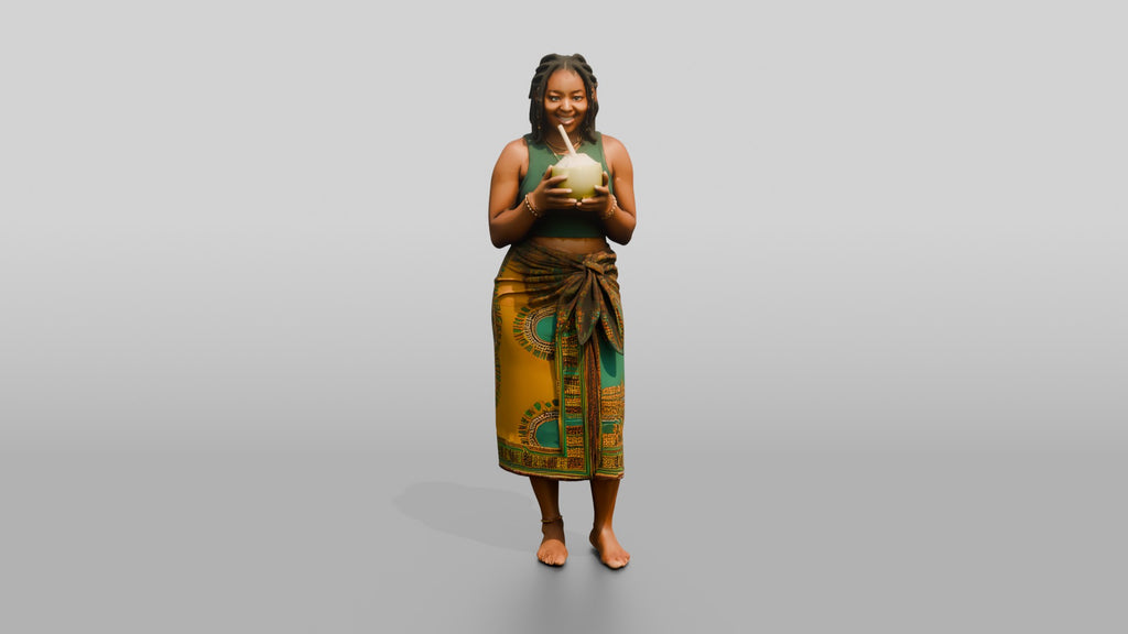 Curvy African Woman Drinking a Coconut in a Wrap Skirt