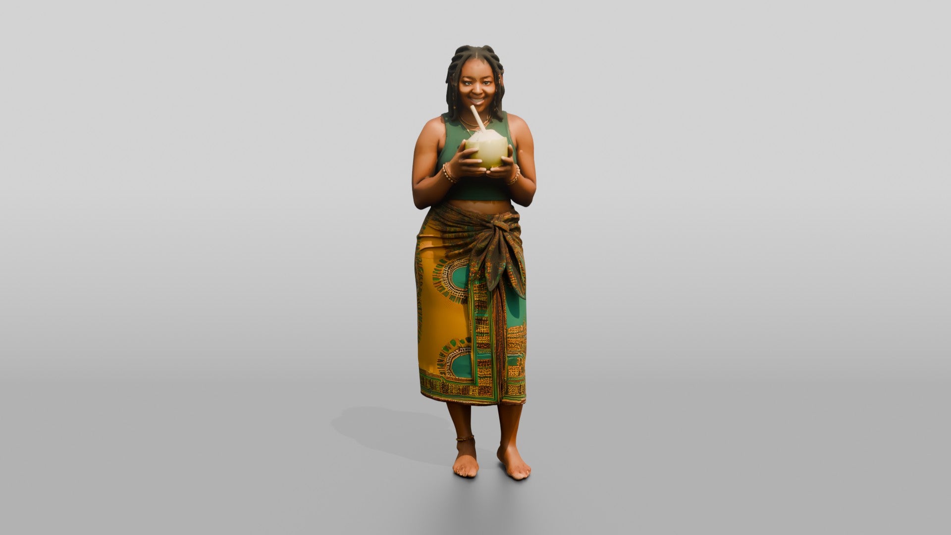 Curvy African Woman Drinking a Coconut in a Wrap Skirt