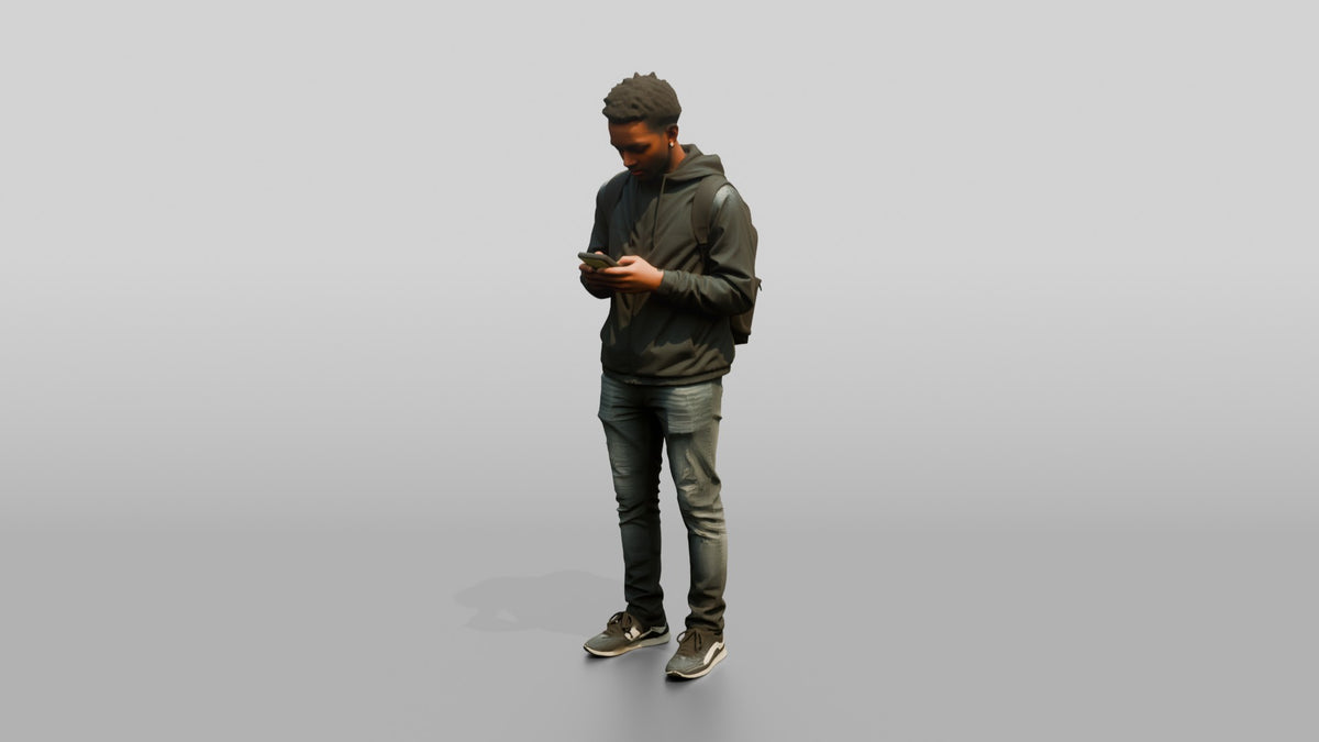 Black Man Texting in Black Windbreaker - 3D character model, view 4