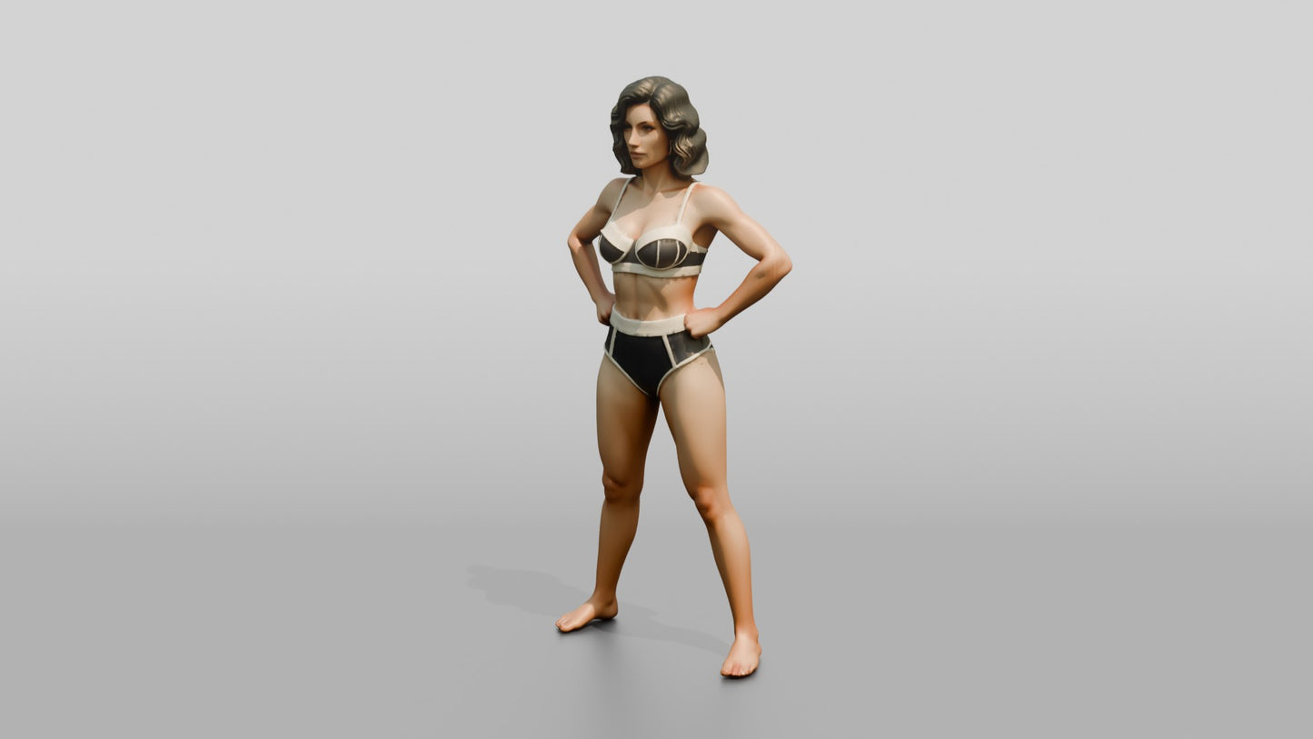 Woman in Black Two-Piece Swimsuit Wide Stance Hands on Hips