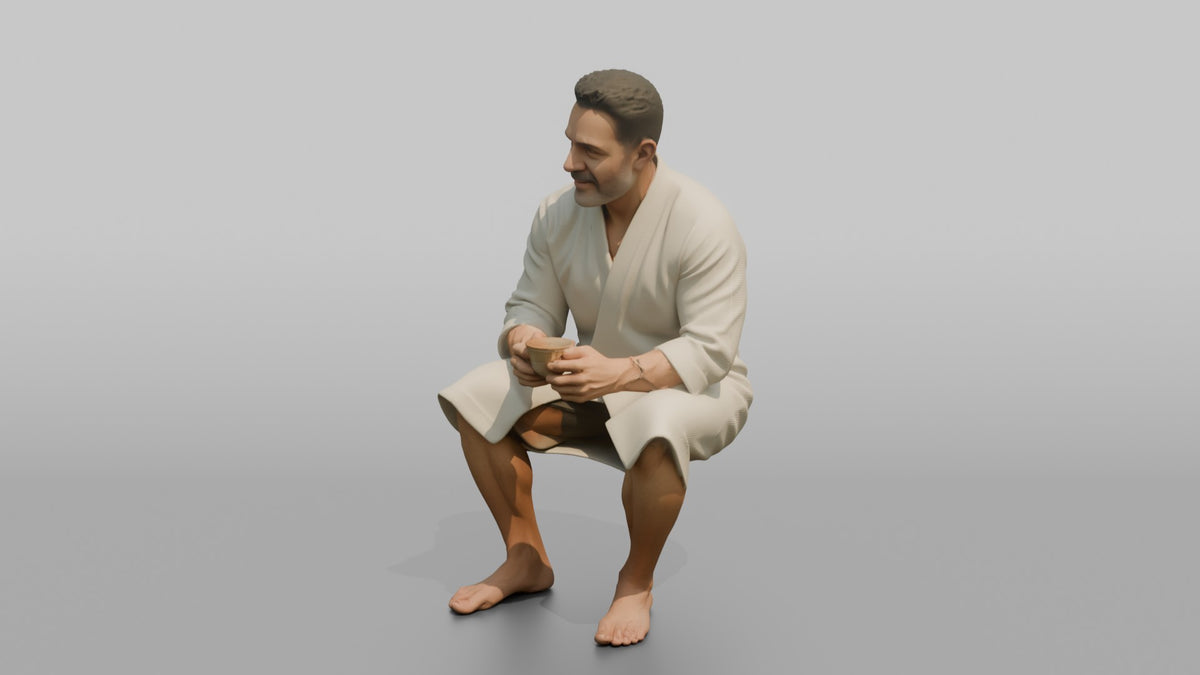 Spa Client Man Sitting Holding A Cup Of Herbal Tea With Both Hands - 3D character model, view 4