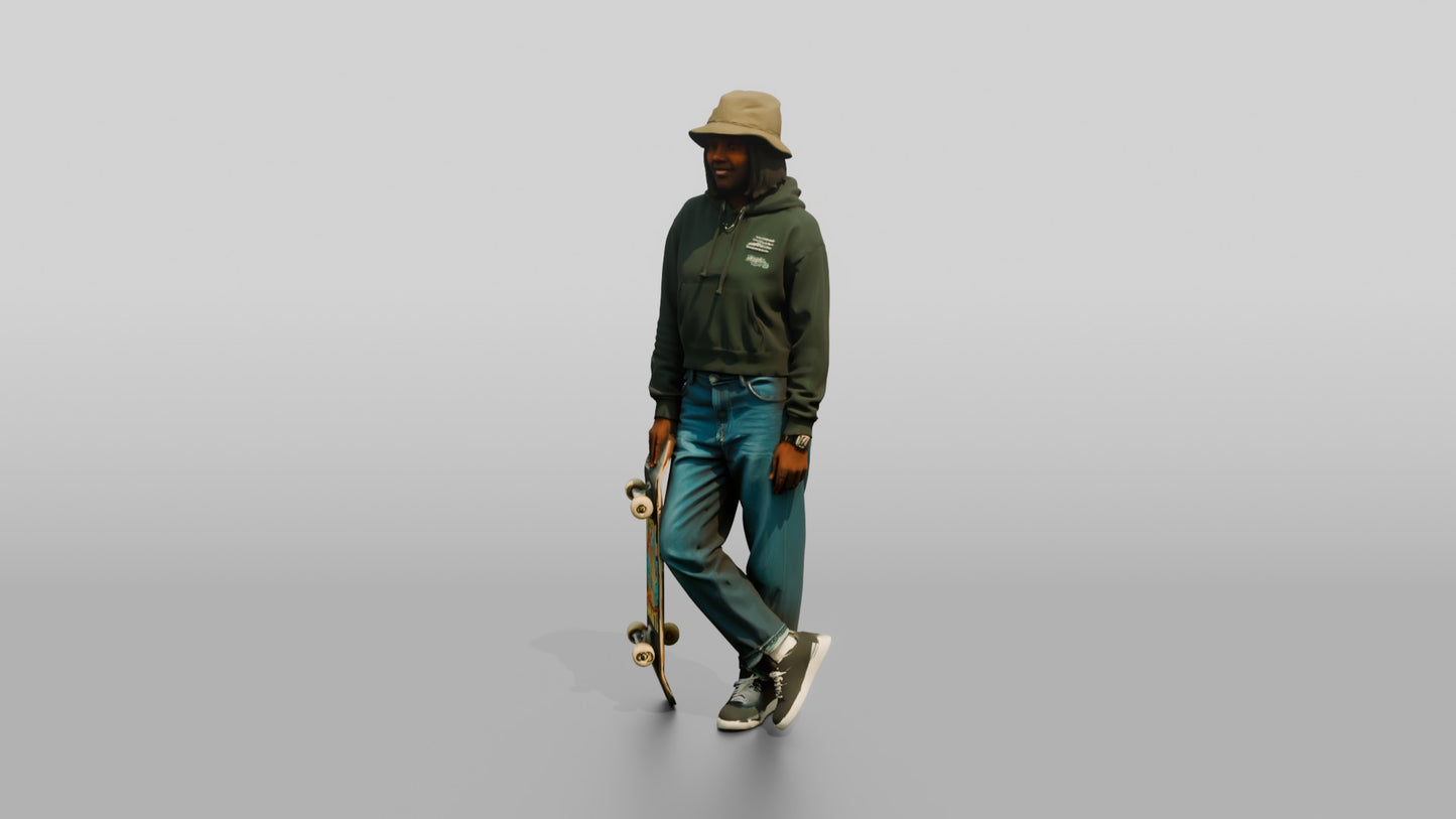 Skater Woman in Bucket Hat with Skateboard