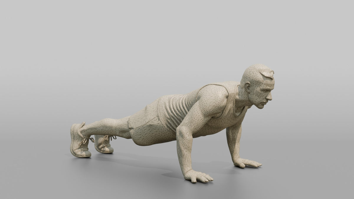 Bodyweight Athlete Man At The Bottom Of A Push-up - wireframe topology preview