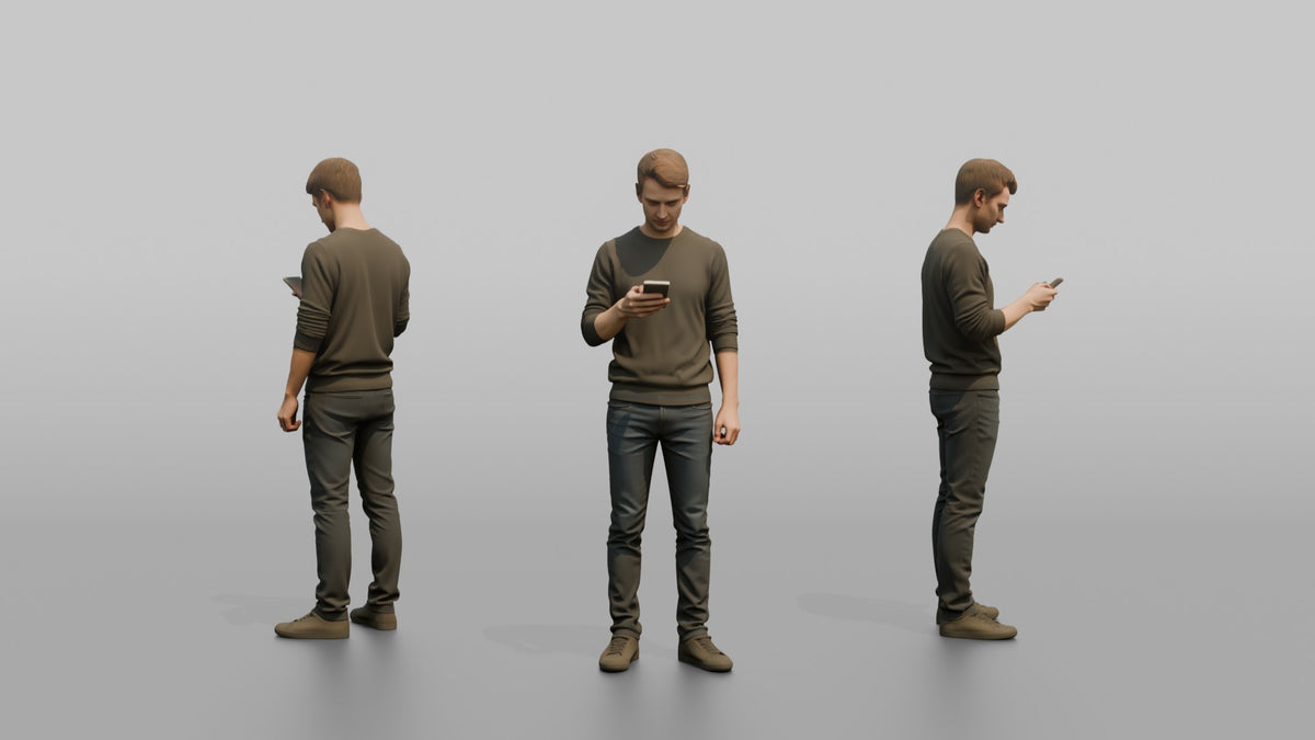 Man Customer Scrolling His Phone - 3D character model, view 1