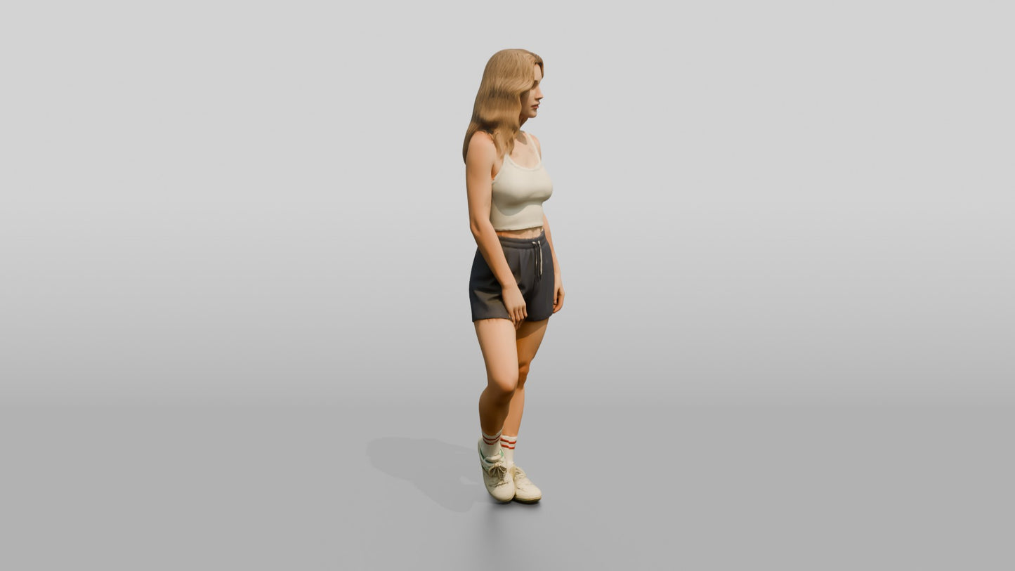 Blonde Woman Walking in Cream Tank Top and Shorts