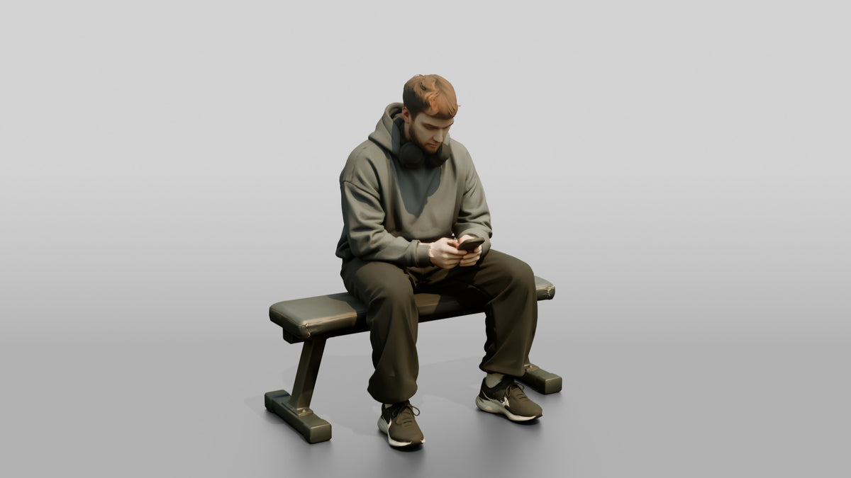Man Sitting on Fitness Bench - 3D character model, view 1