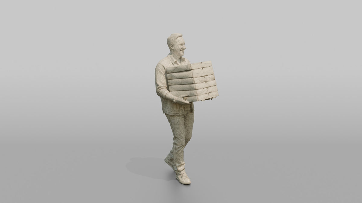 Father Carrying A Stack Of Pizza Boxes Balanced In Both Arms - wireframe topology preview