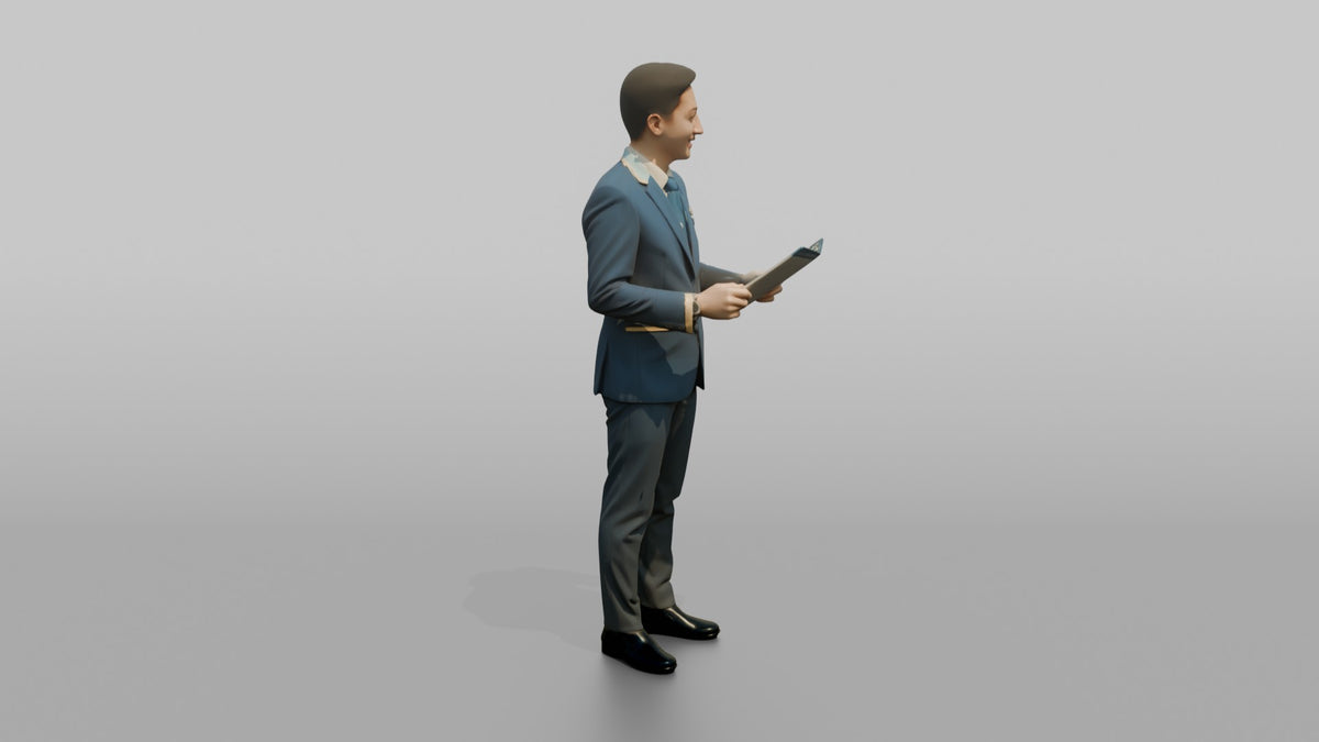 Caucasian Flight Attendant Rolling a Suitcase - 3D character model, view 2