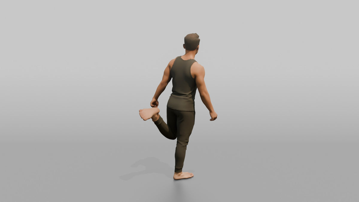 Fitness Influencer Man Doing A Standing Quad Stretch - 3D character model, view 3