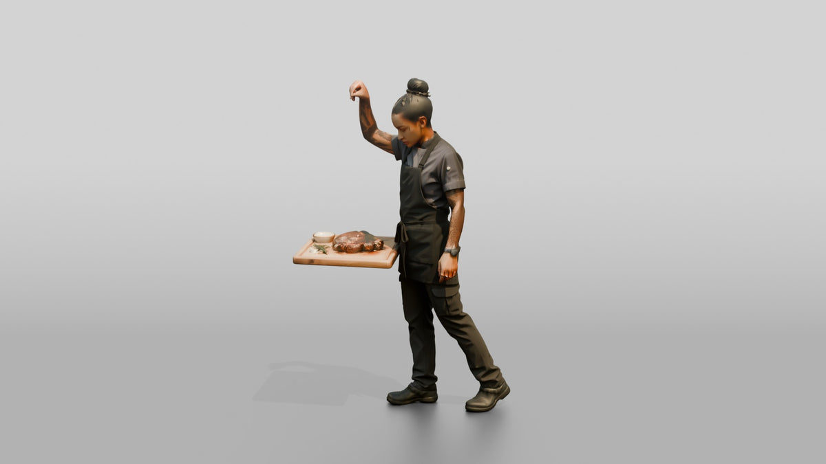 Cook Sprinkling Sea Salt on Steak - 3D character model, view 4