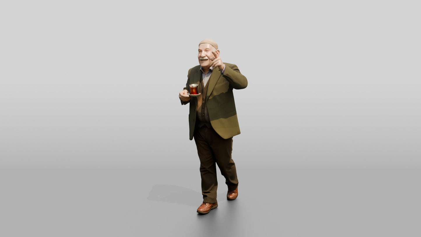 Elderly Man Pointing at Architecture with Tea