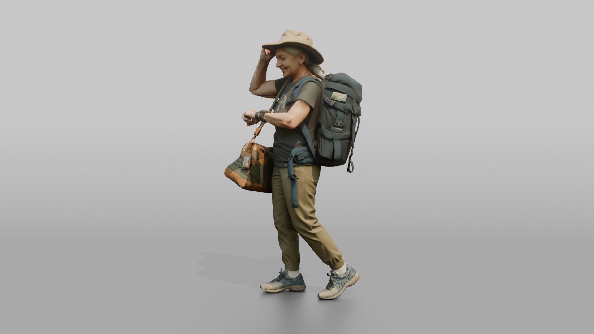 Traveler Adjusting Her Sun Hat