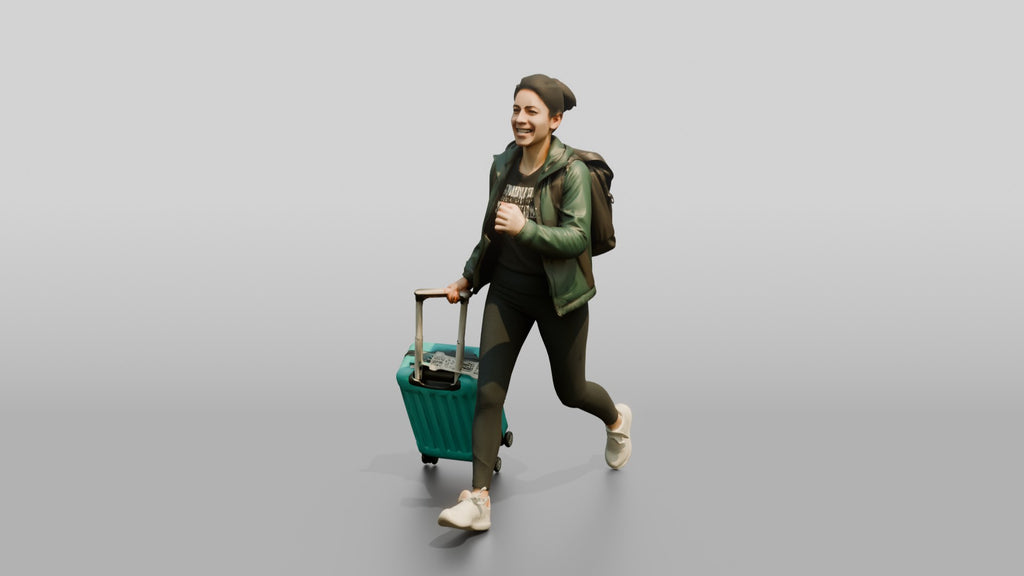Woman Running Through Airport with Teal Suitcase and Backpack