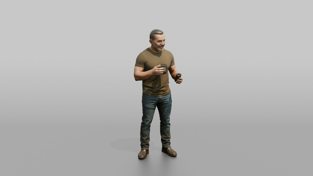 Father Holding A Coffee Mug In One Hand And A Phone In The Other - 3D character model