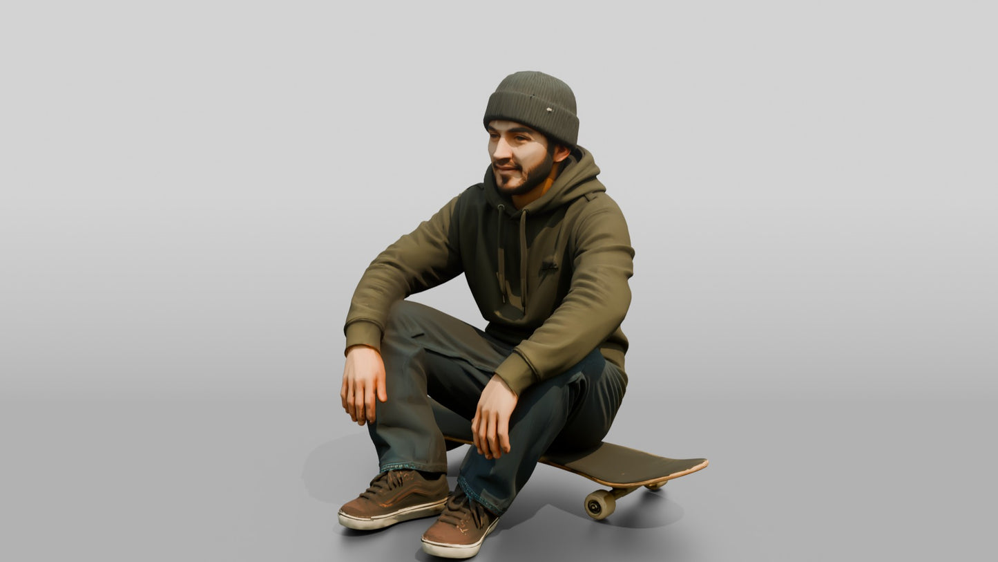 Skater Man Sitting on Skateboard