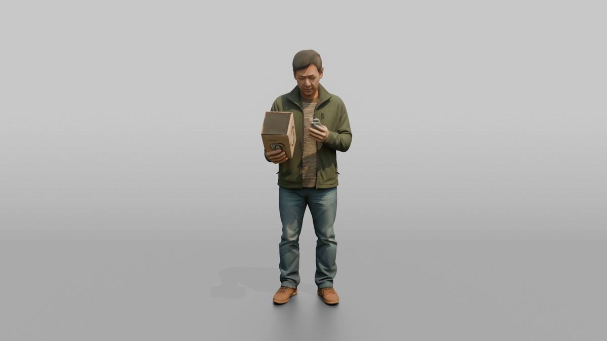 Man Customer Comparing Prices On His Phone While Holding A Product - 3D character model