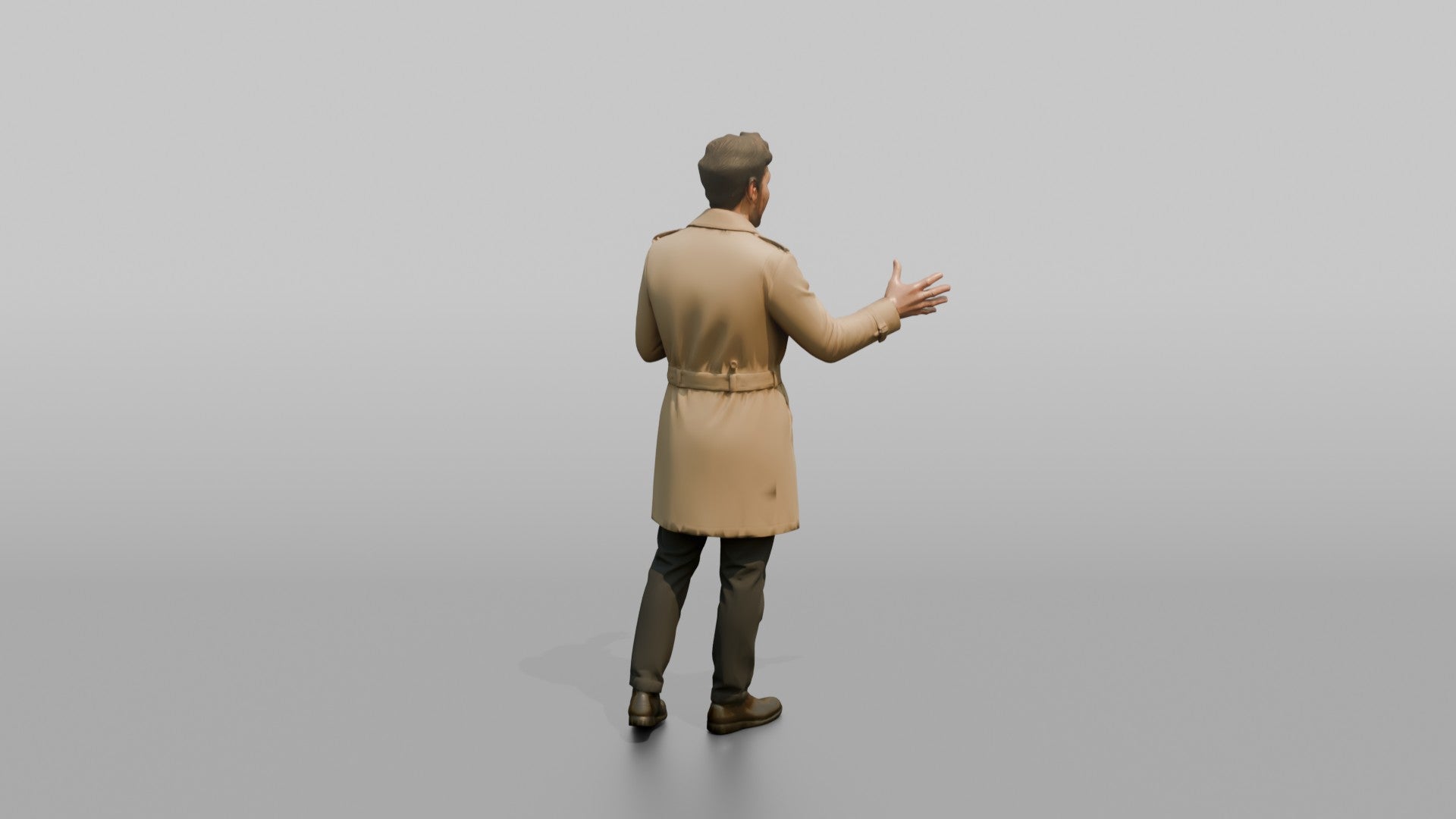 European Man in a Trench Coat, Gesturing Mid-Conversation