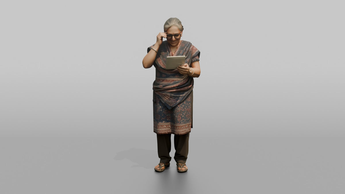 Grandmother Adjusting Her Glasses While Reading A Recipe Card - 3D character model, view 5