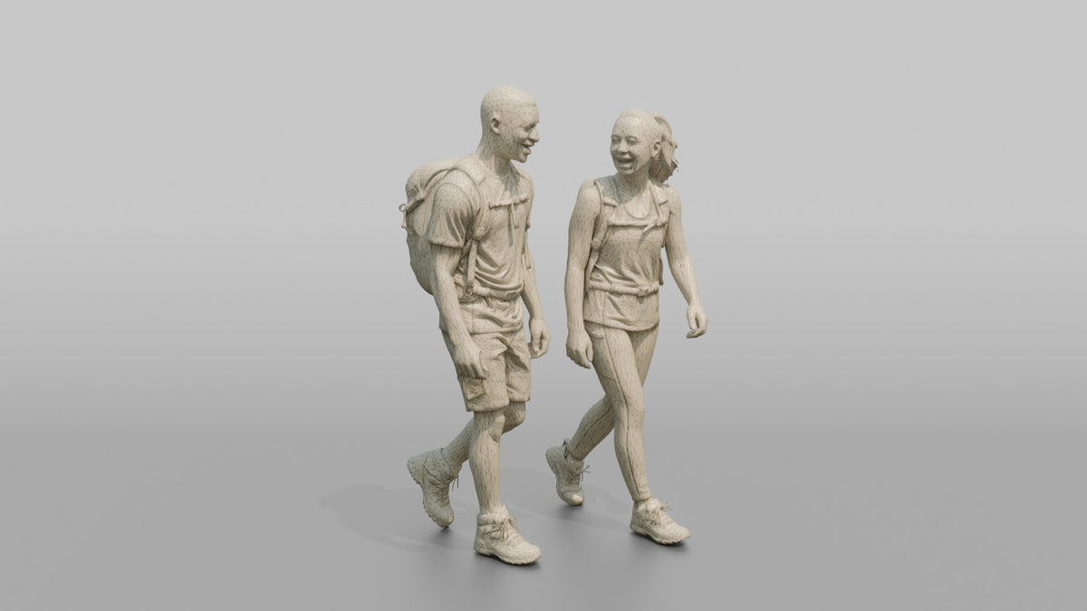 Hiking Duo Walking and Talking Together - wireframe topology preview