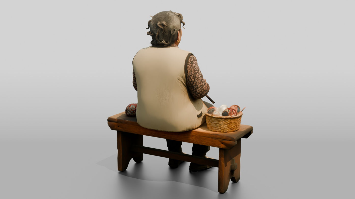Elderly Woman Knitting on Bench