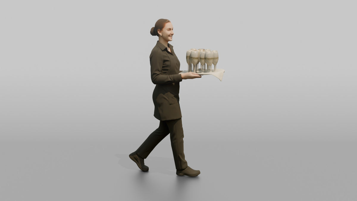 Cocktail Server Woman Balancing A Tray Of Champagne Glasses - 3D character model, view 2