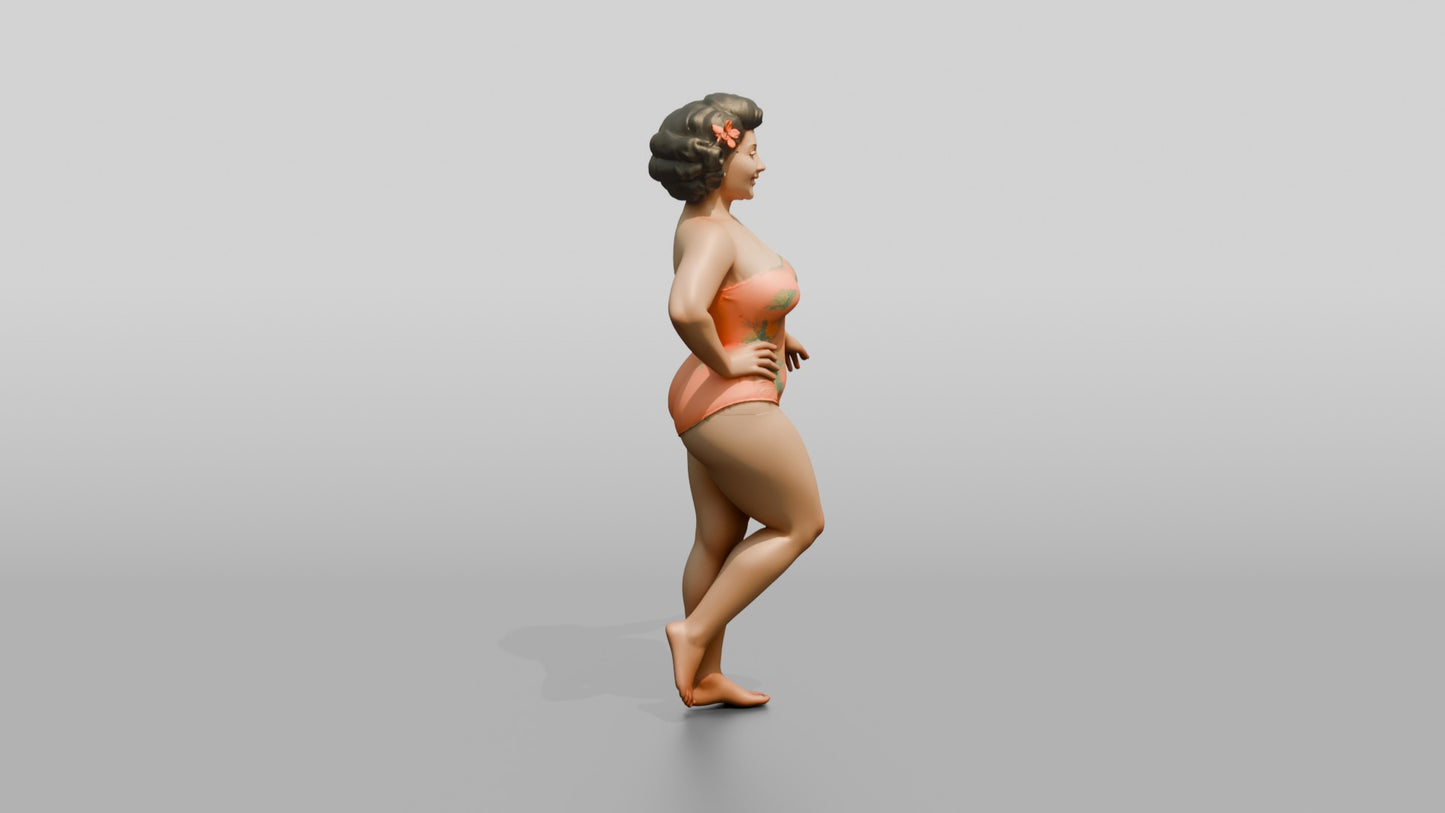 Curvy Woman in Coral One-Piece Swimsuit Playful Pose